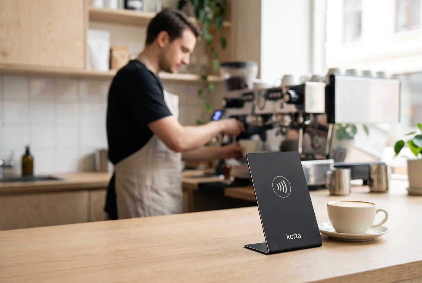 KORTA-standeren på disken i en skandinavisk kaffebar